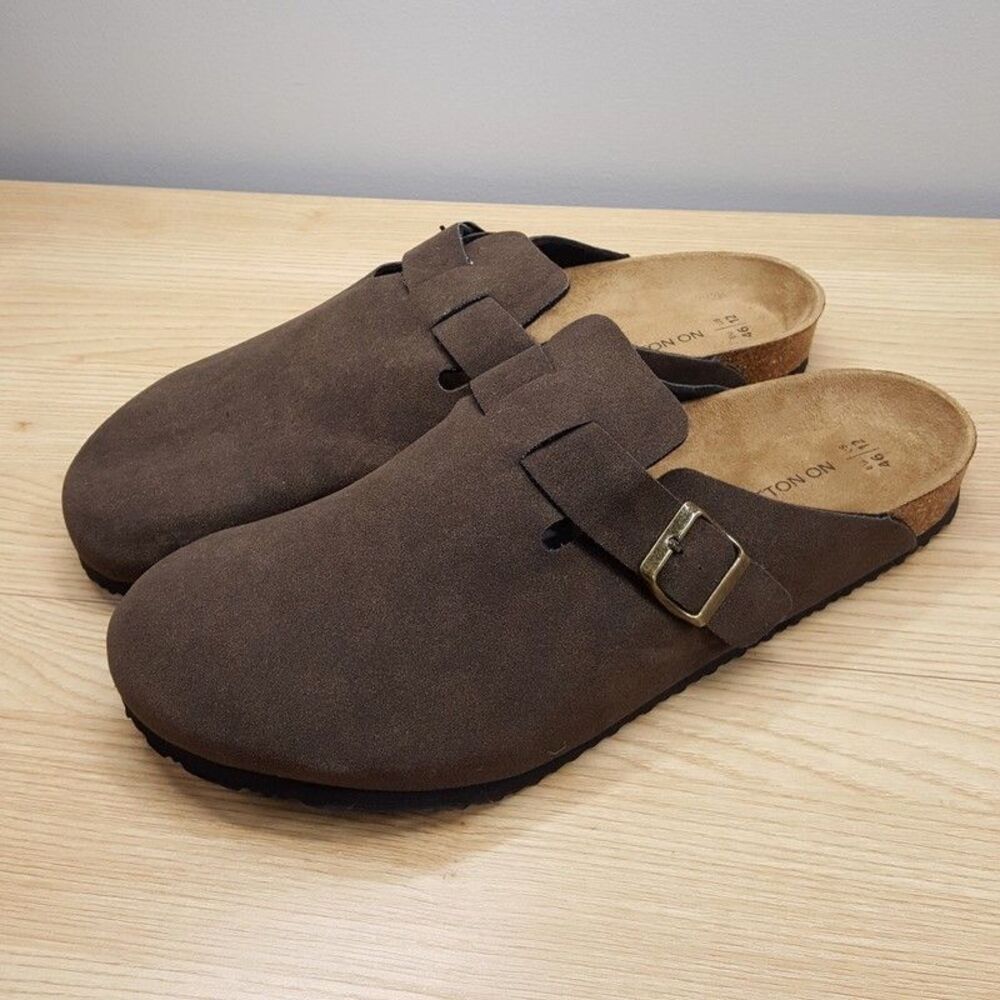 COTTON ON Mule Mens Size 12 Dark Brown Faux Suede Closed Toe Buckle Clog Mules